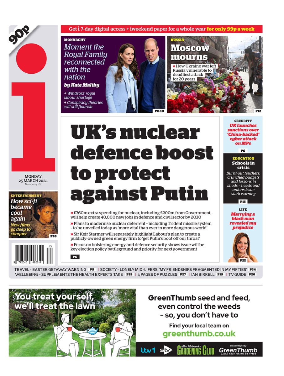 🇬🇧 UK's Nuclear Defence Boost To Protect Against Putin ▫Sunak makes pledge & Keir Starmer will also promote plan ..... designed to 'get Putin’s boot off our throat' ▫@janemerrick23 ▫tinyurl.com/2blv834q #frontpagestoday #UK @theipaper 🇬🇧