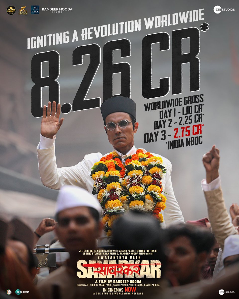 The legend lives on! #SwatantryaVeerSavarkar conquers hearts and Box Office charts worldwide 💥

Book your tickets! 
🔗 - linktr.ee/swatantryaveer…

In cinemas now. 

#VeerSavarkarInCinemasNow
#WhoKilledHisStory

@ZeeStudios_ @anky1912 @amit_sial @palle_singh @RandeepHoodaF