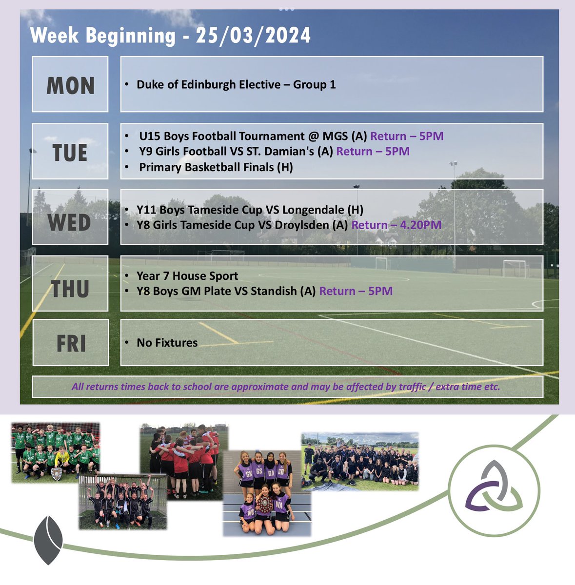 🏆 | Fixtures 25th March 

Good luck to all pupils taking part. 

Please check lists and timings on the PE notice board and inform parents and caters.

#teamryecroft🟢🟣