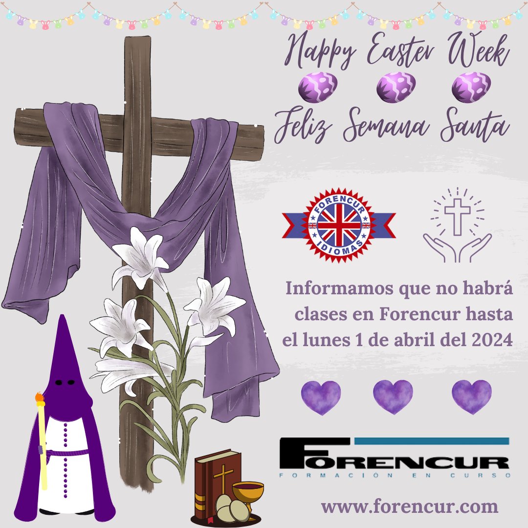 Happy Easter Week!
¡Feliz Semana Santa!
🪻💜
No habrá clases en Forencur hasta el 1 de abril 2024 por vacaciones de Semana Santa
☎️ 955296604
@forencur #forencur #metodoforencur #semanasanta2024 #easter #Sevilla #parquealcosa #SevillaEste #JardinesDelEden 
forencur.com