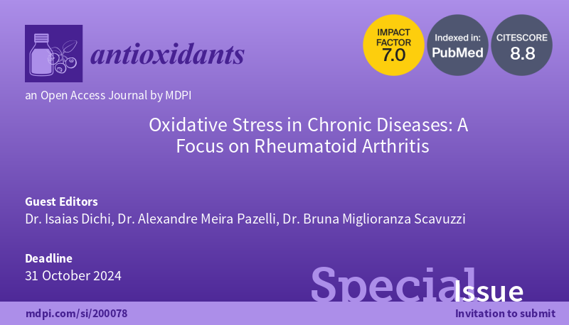 📢 #SpecialIssue 'Oxidative Stress in #ChronicDiseases: A Focus on #RheumatoidArthritis' guest edited by Dr. Isaias Dichi, Dr. Alexandre Meira Pazelli and Dr. Bruna Miglioranza is now open for submissions! 👉 Look forward to receiving your contribution at: mdpi.com/si/200078