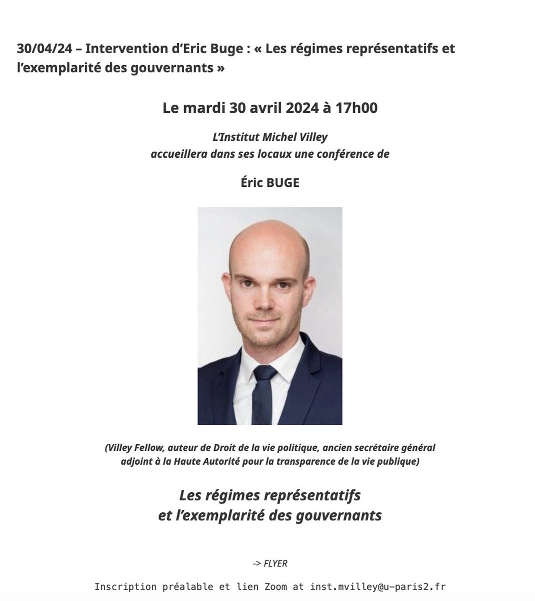 Merci à l'<a href="/InstitutVilley/">Institut Villey</a> et à <a href="/DenisBaranger/">Denis Baranger</a> pour cette invitation à venir présenter mes dernières recherches sur l'exemplarité des gouvernants !

🗓️ 30 avril prochain à 17h

Précisions et inscriptions : institutvilley.com/?event=30-04-2…