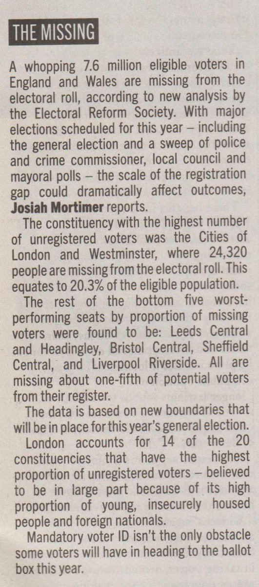 '7.6 million eligible voters in England and Wales are missing from the electoral roll' - Electoral Reform Society, quoted in Byline Times, April #r4today