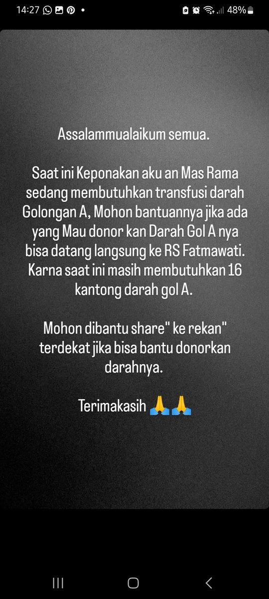 kyndlyfe_inbali's tweet photo. temen2 aku boleh minta tolong? Keponakan dari adik ipar aku bernama rama yang berusia 10th di diagnosa pelengketan usus dan saat ini dalam kondisi kritis, rama saat ini sangat membutuhkan sekali donor darah gol A sebanyak 16 kantong. Saat ini rama sedang di rawat di RS Fatmawati. https://t.co/f7PjHQHUAw