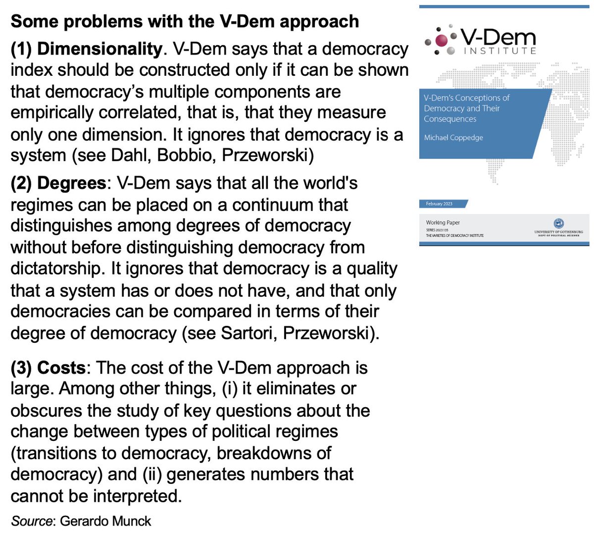 𝗛𝗼𝘄 𝗻𝗼𝘁 𝘁𝗼 𝘁𝗵𝗶𝗻𝗸 𝗮𝗯𝗼𝘂𝘁 𝗱𝗲𝗺𝗼𝗰𝗿𝗮𝗰𝘆. I am writing something on democracy, that considers conceptual issues. And I read a paper by Coppedge, one of the founders of V-Dem v-dem.net/media/publicat… I disagree on some key points.👇