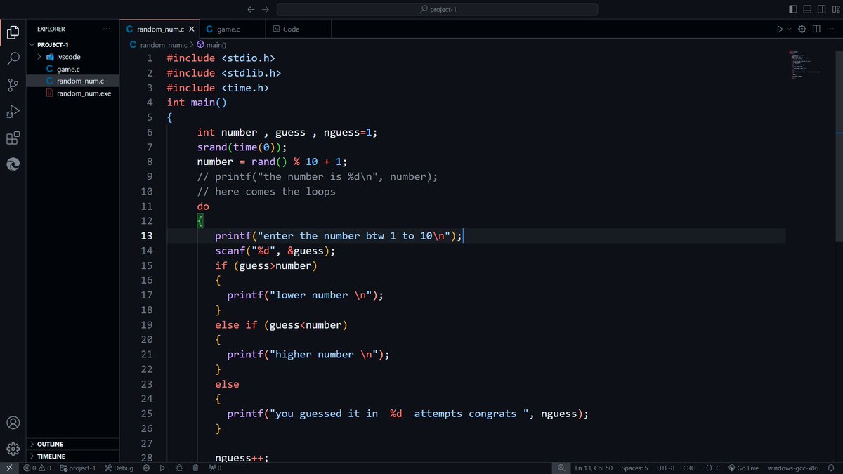 SahilMane_code's tweet image. "๐ Just finished my first C language project! ๐ Created a 'Guess the Number' game and I'm super excited to share it with everyone! ๐ฎ #coding #cplusplus #gamedev #firstproject"