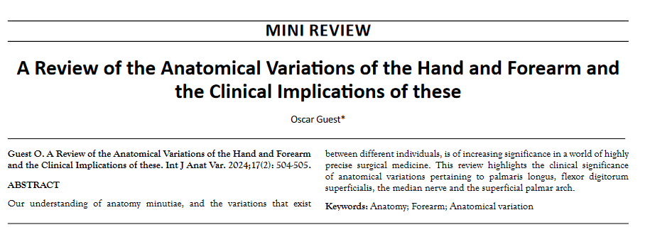 Anatomical_ijav's tweet photo. Mini Review..
Title: A review of the anatomical variations of the hand and forearm, and the clinical implications of these.
click here: https://t.co/xhKgJk51LI
submission link: https://t.co/bkf2vDZP5u
More info: https://t.co/6uq6eFXG9T
#UnitedKingdom #ijav #anatomy #USA https://t.co/ojNMl4YGcQ