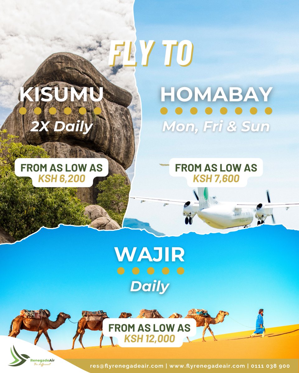 Fly from #Nairobi to #Kisumu,#Wajir, and #Homabay, where every destination promises new experiences and unforgettable memories. To book a flight, please visit our website: flyrenegadeair.com or contact our customer support at 0111 038 900. #flyrenegadeair
