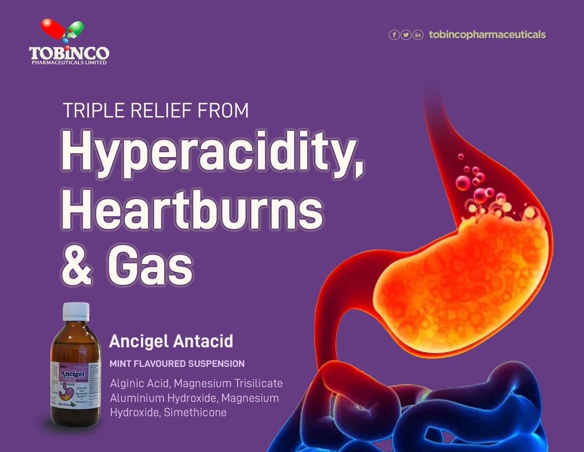 Tobincopharmacy's tweet image. For hyperacidity, heartburns and gas? 
ANCIGEL Antacid can calm the 'storm'.

#GetWellSoon #pharmaceuticals #hyperacidity #flatulence #stomach #ancigel #antacid #medicine #GhanaMonth #ghanamade