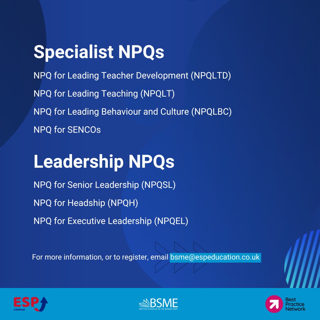 Interested in obtaining a NPQ via distance learning? BSME is proud to partner with @ESPEducationLtd and @bestpracticenet to offer @educationgovuk for Education accredited online NPQs to member schools. You can learn more via the link below👇 lnkd.in/dBC4Kpw5 #NPQ