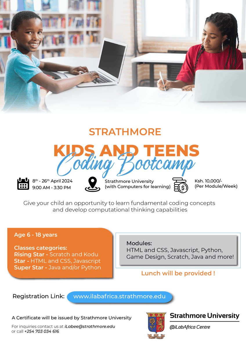 iLabAfrica's tweet photo. The holidays are almost here!
Keep your kids busy with our fun and interactive Kids and Teens Coding Bootcamp.
April Intake is currently ongoing: https://t.co/oHvu5fsEKv
#ICTforKids #TechEnthusiasts #CodingFun #Robotics #OnlineSafety #programming #bootcamp #robotics #technology https://t.co/QvnGoXl05y
