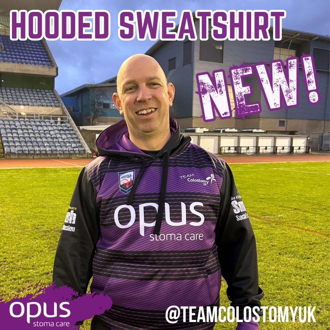 Look the part in our brand new hooded sweatshirt, just like @ColitisCop 🙌 Available online now 🛒colostomyuk.bigcartel.com Use the code upthepurps at checkout and get 15% off your order. #UpThePurps💜 #RugbyLeague #StomaAware