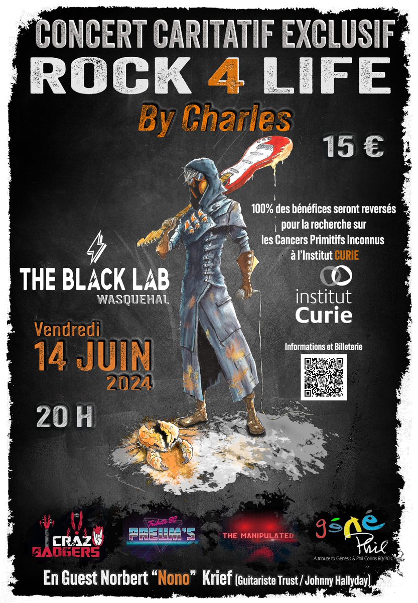 Avec une bande d'amis nous organisons un concert #Rock caritatif au profit de la recherche de <a href="/institut_curie/">Institut Curie</a>, en particulier pour avancer sur les cancers de primitifs inconnus.  Pour participer au concert il faut prendre son billet ici : 
helloasso.com/associations/f…
A partager svp