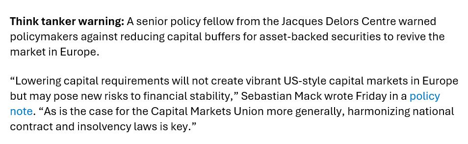 Today's @POLITICOEurope Financial Services newsletter features my latest paper on how the EU can reap the benefits of securitisation - without endangering financial stability. Read it in full here: delorscentre.eu/en/publication…