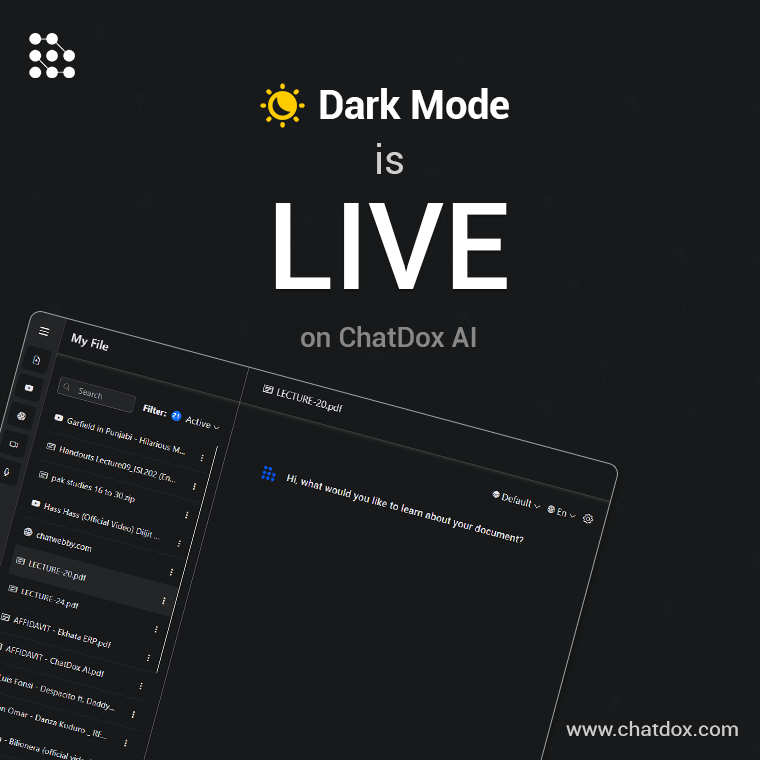 skimmingai's tweet image. The long awaited feature is here for you all.

🌙 Dark Mode is finally live on ChatDox AI.

Stay tuned for more updates!

#updates #chatwithpdf #ai #live
