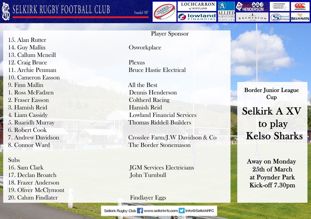 Here is the Selkirk A XV to play Kelso Sharks Away tonight kick off 7:30pm.