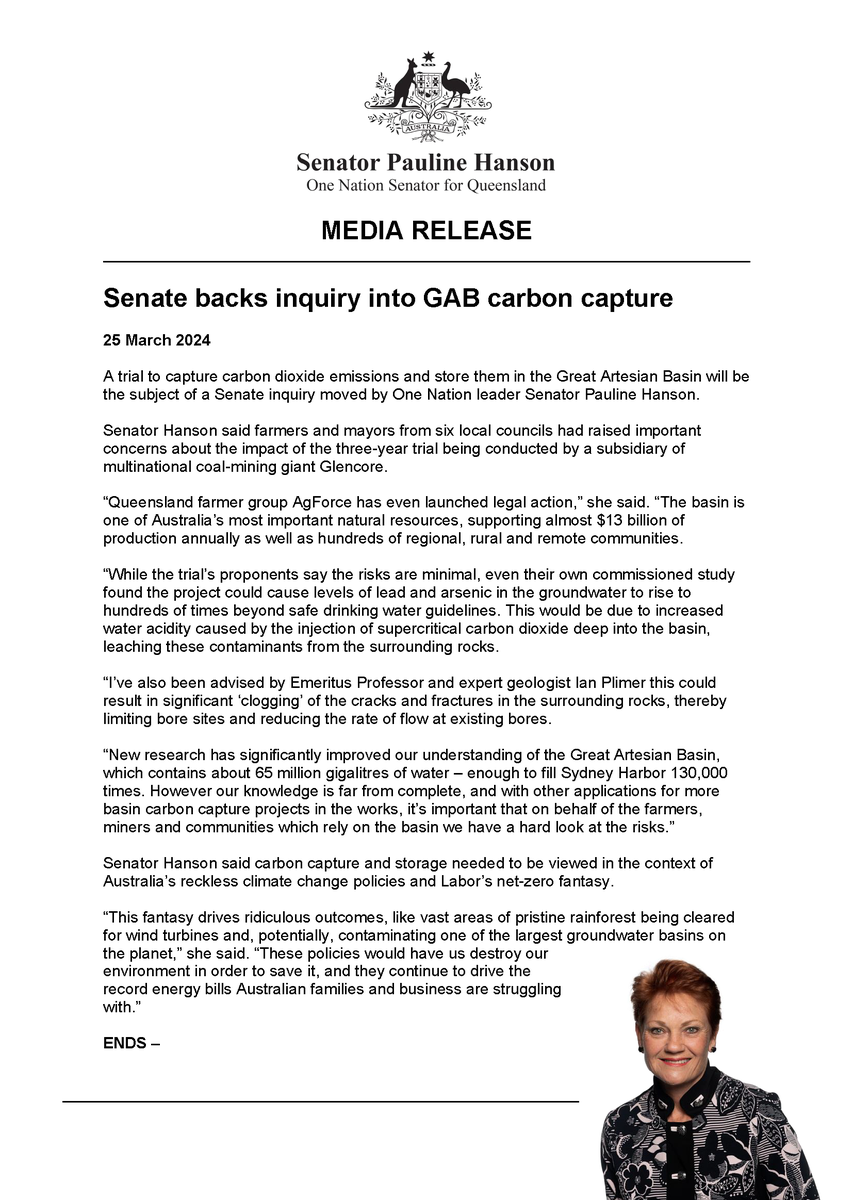 Media Release | Senate backs inquiry into Great Artesian Basin carbon capture 

A trial to capture carbon dioxide emissions and store them in the Great Artesian Basin will be the subject of a Senate inquiry moved by One Nation leader Senator Pauline Hanson. 

Senator Hanson said