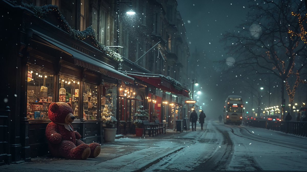 Oh Teddy Teddy 🧸❄️ Prompt Share Movie scene, a cold night in Regent Street, London, very dim lighting, a giant teddy bear toy in the display window of the Hamley's toy shop with light from inside, under exposure, road covered by snow, super cinematic --ar 16:9 --style raw…