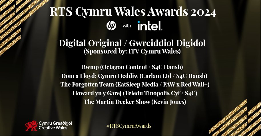 Digital Original / Gwreiddiol Digidol
(Sponsored by: ITV Cymru Wales)

Bwmp
Dom a Lloyd: Cymru Heddiw
The Forgotten Team
Howard yn y Garej
The Martin Decker Show