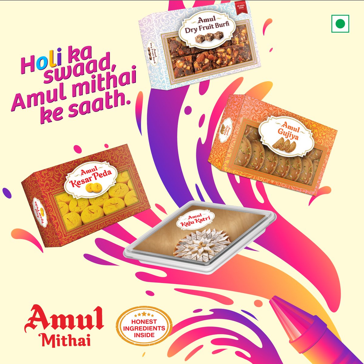 Colour your world sweet this Holi with Amul Mithai.
#HappyHoli #Amul #AmulMithai #Mithai #Indiansweets #festivities #amulsweets #kajukatri #Gujiya #dryfruitburfi