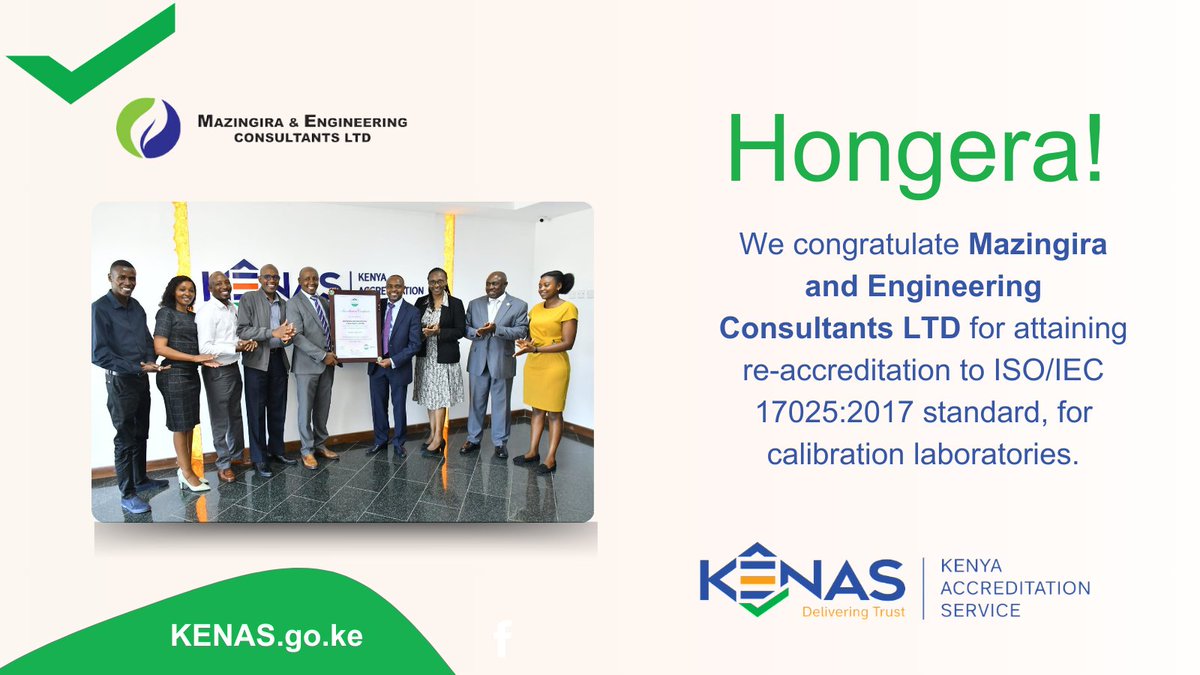 Congratulations to Mazingira and Engineering Consultants LTD for achieving Re-accreditation to ISO/IEC 17025:2017 standard for Calibration Laboratories. Your dedication to quality is admirable! #deliveringtrust