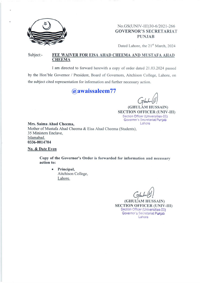 Exclusive: Following continuous political interference, Aitchison College principal has resigned in protest. Fee waiver of Ahad Cheema's children, who enjoys a ministerial status and his wife is a bureaucrat, is just one such instance.