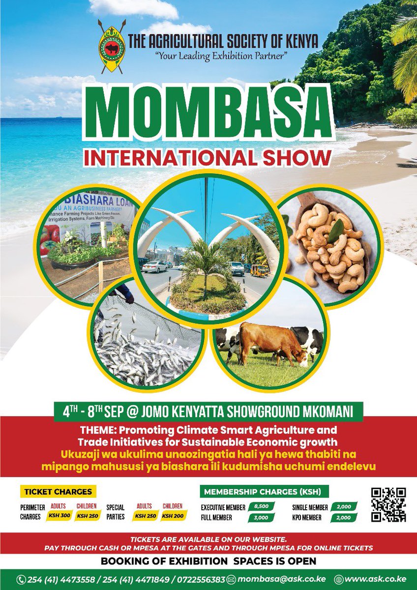 AgriSocietyOfKe's tweet photo. Attention exhibitors! Be part of the Mombasa International Show &amp; unlock endless possibilities for your brand. Engage with potential customers, network with industry peers, &amp; explore new business opportunities from September 4th to 8th. Book your spot today! #tukutanemombasashow https://t.co/lufZ6y52Vn