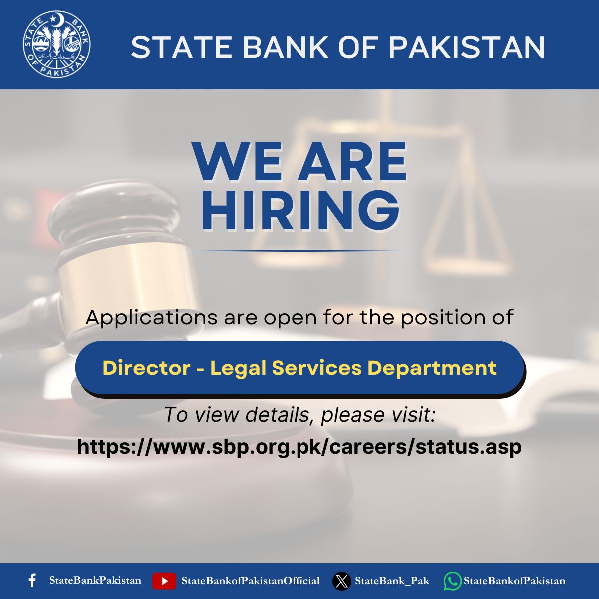 #SBP invites applications for the position of Director in Legal Services Department. For eligibility criteria and application procedure, visit: sbp.org.pk/careers/status… #SBPHiring #Jobs #Careers #Vacancy