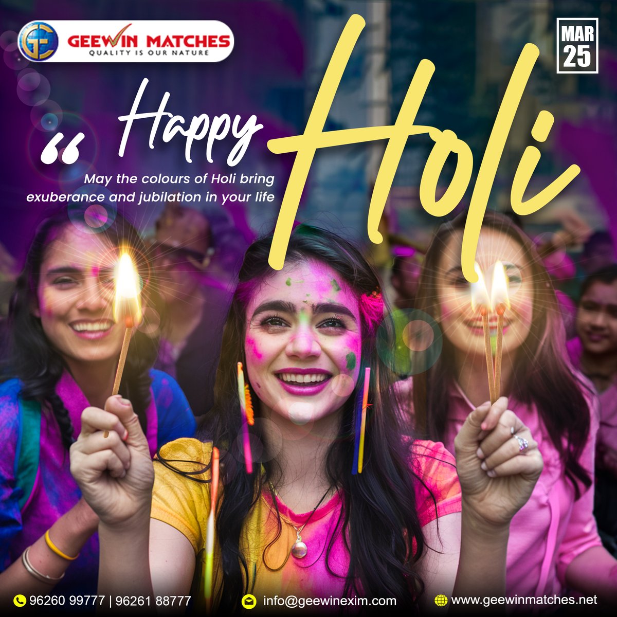 Wishing you a colorful and joyful Holi celebration with Geewin Matches! 

#holi2024 #holisong2024 #holikadahan2024 #festivalofcolors #India #CultureUnitesAll  #holidayseason2024 #holisticharmony2024 #holihamper2024 #HoliFestival #happyholi2024 #2024holidays #होली #GeewinMatches