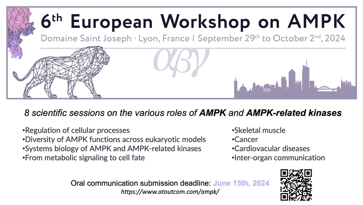 The scientific program for the European #AMPK workshop is progressing well. More than 24 slots for selected talks Students, postdocs, young PIs strongly encouraged to apply! Don't miss the submission deadline: June 15th atoutcom.com/ampk/ See you all in #Lyon 🇫🇷 #AMPK2024