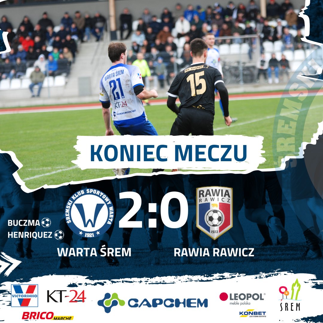 WartaSrem's tweet photo. 🔝𝗠𝗮𝗺𝘆 𝘁𝗼! Po bardzo zaciętym meczu, odnosimy zwycięstwo nad Rawia Rawicz 2:0! ⚽️Bramki dla naszego zespołu zdobyli Damian Buczma i Luis Henriquez. 

Sponsorem głównym Warty Śrem jest firma Capchem Poland 🤝
#MamyTo #LiderWZPN #RazemSilniejsi https://t.co/iI51jwfjdt