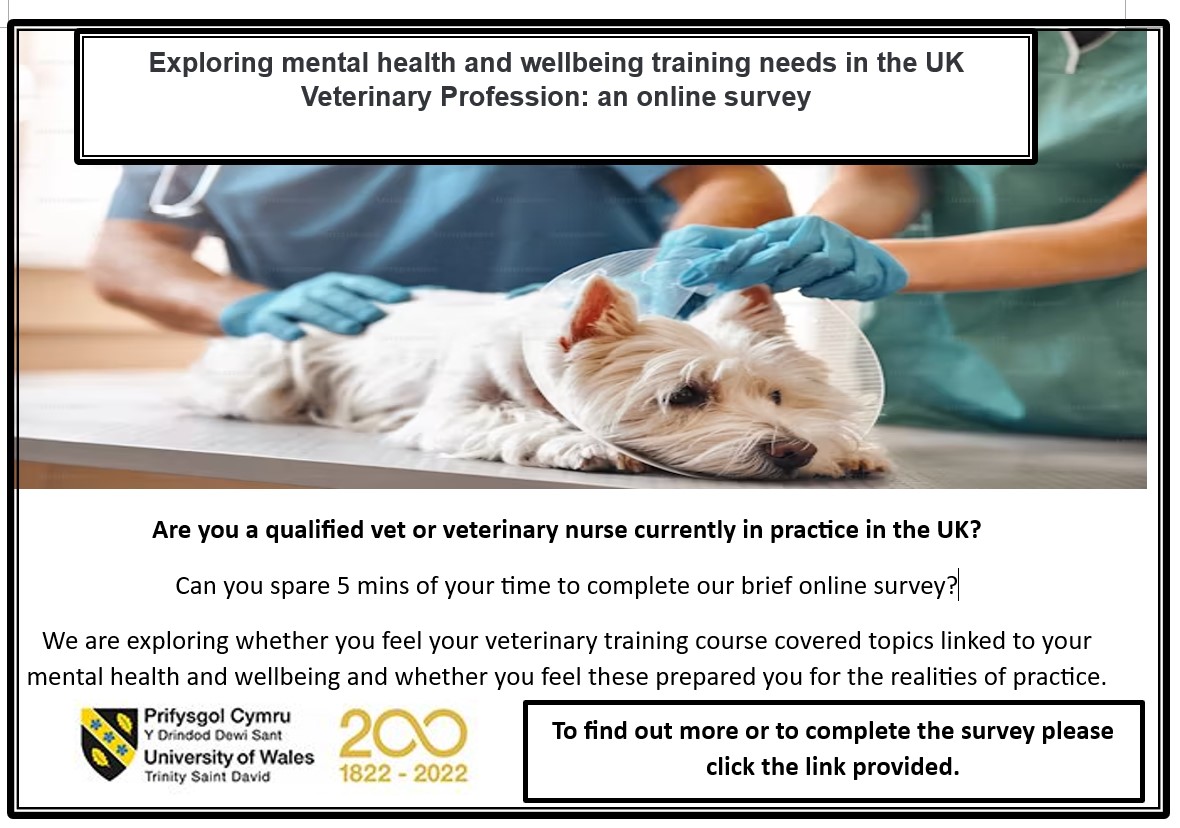 We are exploring mental health and well-being training needs in vets and vet nurses across the UK as part of a @uwtsdpsych MSc research project. Please share @theRCVS @BritishVets @RoyalVetCollege @VetNurseOnline @Vet_Record uwtsdyrathrofa.eu.qualtrics.com/jfe/form/SV_a2…