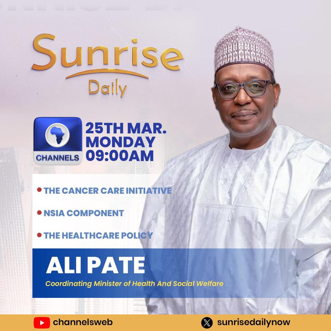 Coordinating Minister @muhammadpate will be on @channelstv ‘ Sunrise Daily in 30mins. Follow the conversation to get more information on FG’s approach to improving cancer care in Nigeria .