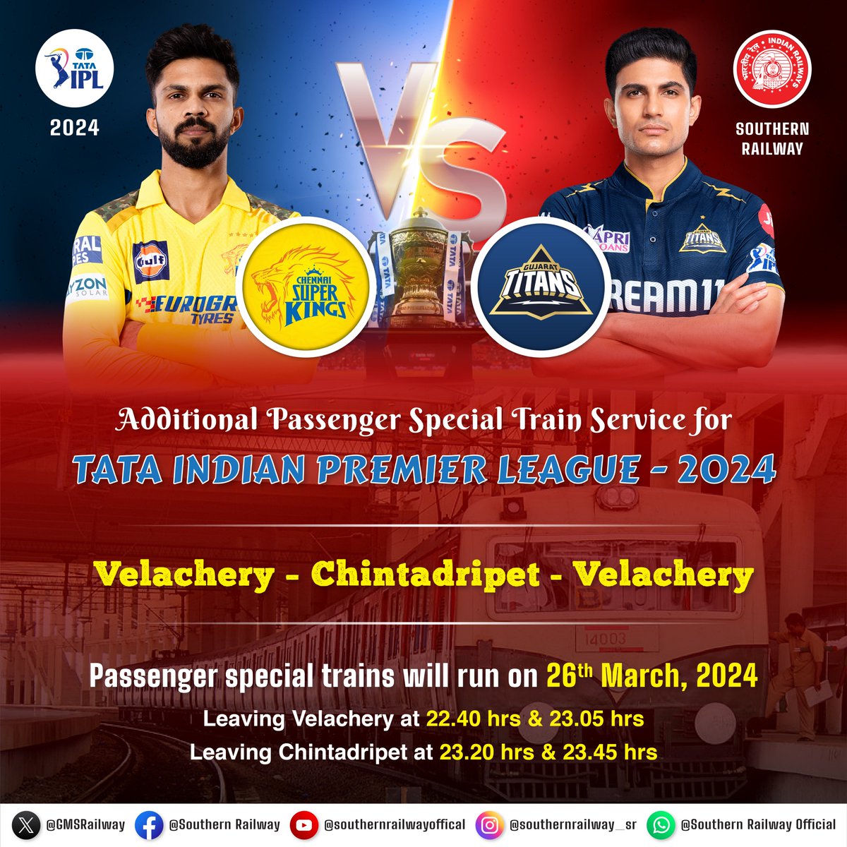 #SpecialTrain service for #TATAIPL fans!

Now you can easily commute between #Velachery and #Chintadripet after the match on March 26th. (Departs Velachery: 10.40 PM & 11.05 PM | Departs Chintadripet: 11.20 PM & 11.45 PM)

#IPL2024 #Cricket #T20 #SouthernRailway #IPLUpdate
