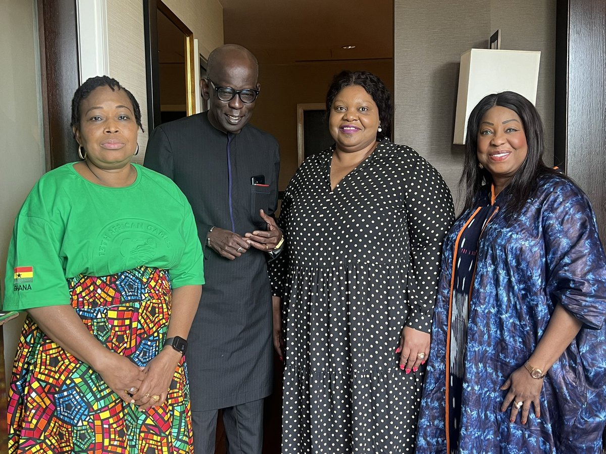 H.E. @AmbSamate met with @fatma_samoura the former first woman Secretary General @FIFAcom. They had fruitful discussions regarding sports for education; #physical & #civic, and development in Africa. #Accra2023 #AfricanGames #ExperiencetheAfricanDream