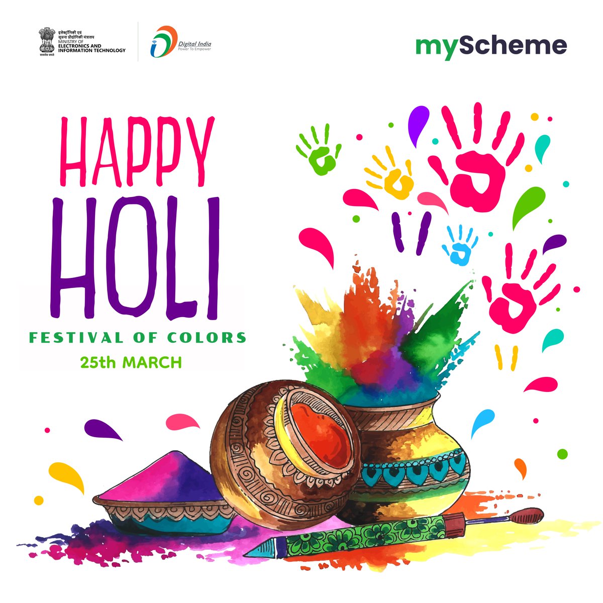 myScheme wishes you a colorful and joyous Holi! May this festival of colors bring prosperity and happiness to every corner of our nation. #happyholi #GOVERNMENTSCHEMES #schemesforyou #holi #myScheme