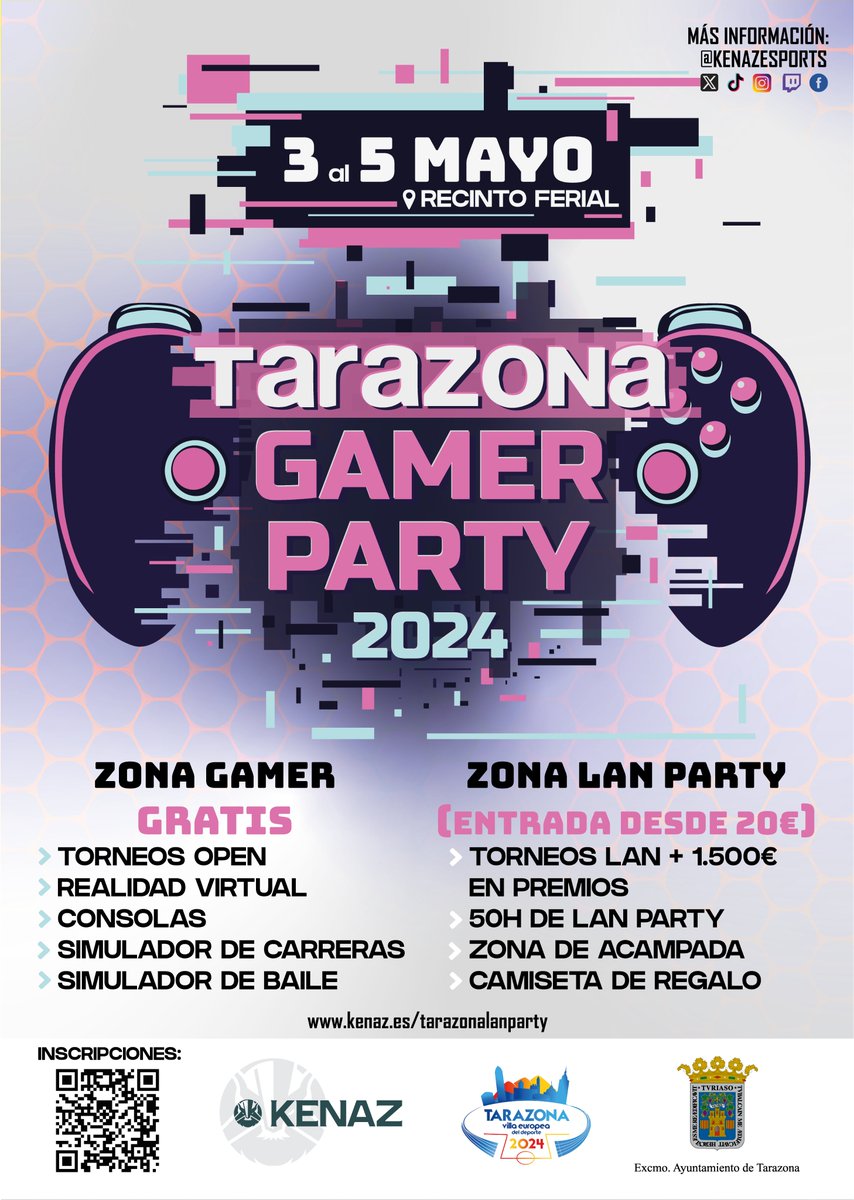 🥁¡Ya tenemos el cartel de Tarazona Gamer Party 2024!

🎉Dentro de nada podréis verlo por las calles.

🕹Este 3, 4 y 5 de mayo tenéis una cita en Tarazona.

Información y entradas

kenaz.es/tarazonalanpar…