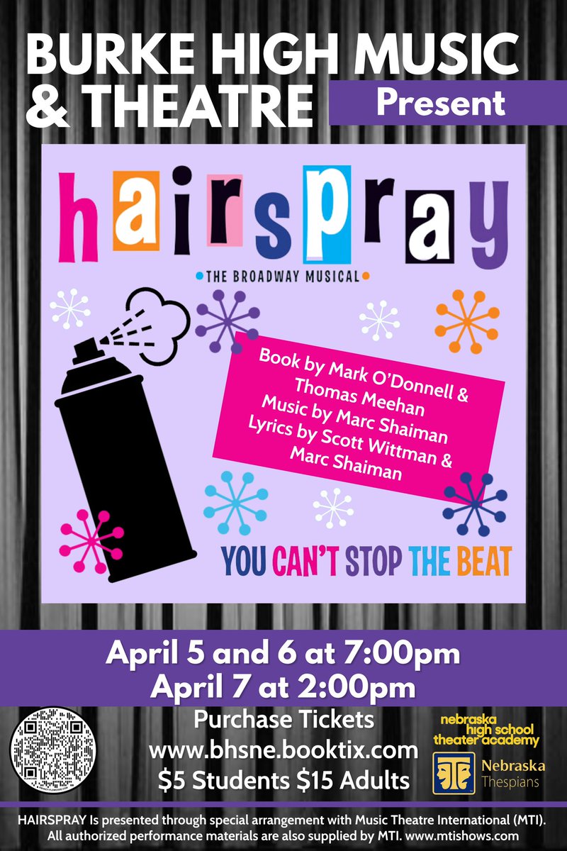 Don’t forget tickets are on sale now for our musical HAIRSPRAY! Purchase online up until two hours before each performance. We open April 5! bhsne.booktix.net