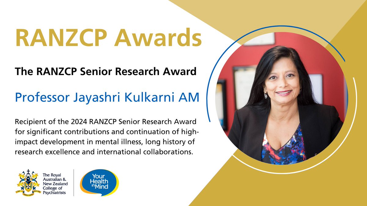 RANZCP (@ranzcp) on Twitter photo Congratulations to Professor <a href="/jayashrikulkar1/">Jayashri Kulkarni</a> AM for being awarded the 2024 RANZCP Senior Research Award for her significant contributions and continuation of high-impact development in mental illness, long history of research excellence and international collaborations. (1/2) Congratulations to Professor <a href="/jayashrikulkar1/">Jayashri Kulkarni</a> AM for being awarded the 2024 RANZCP Senior Research Award for her significant contributions and continuation of high-impact development in mental illness, long history of research excellence and international collaborations. (1/2)
