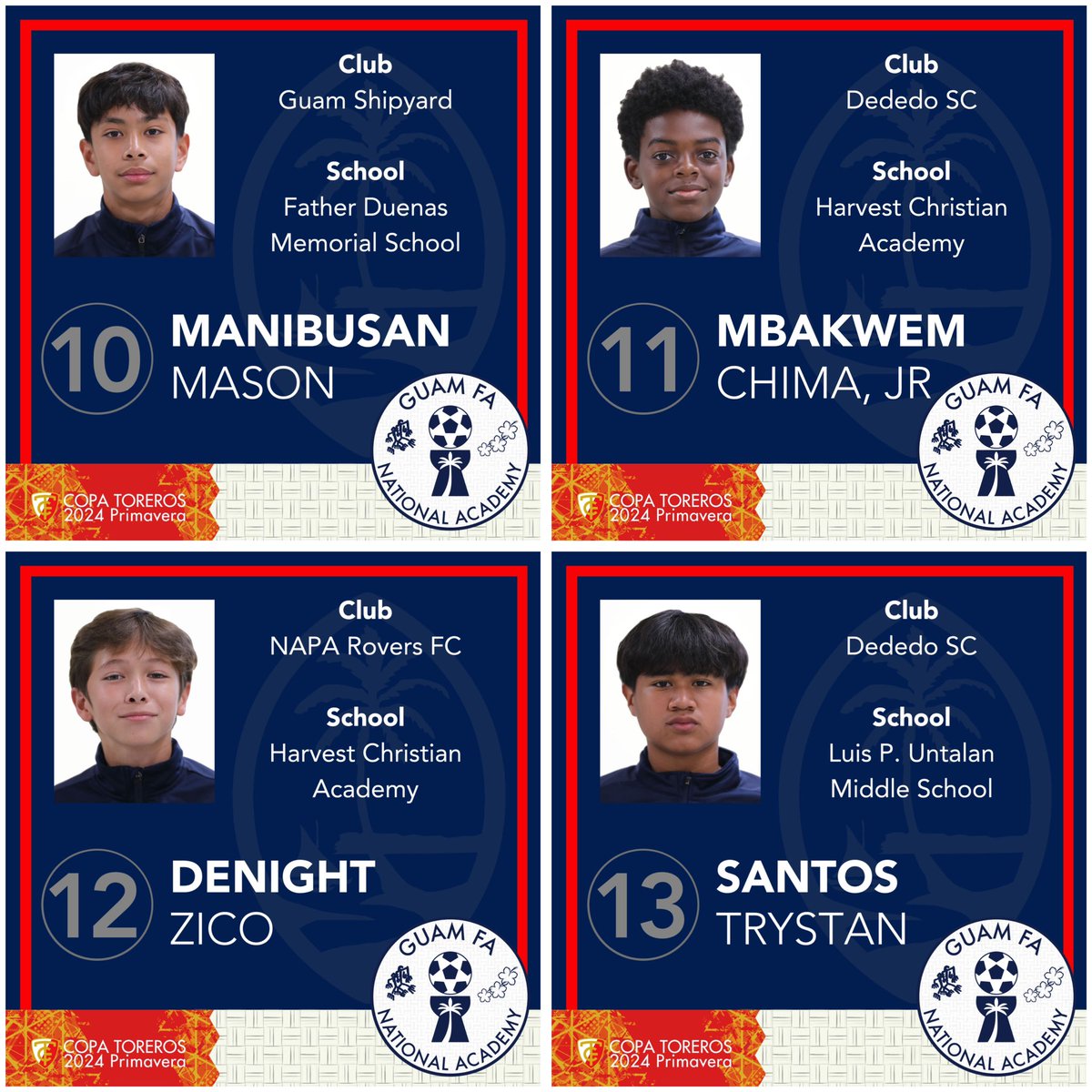 GuamFootball's tweet photo. Guamâs U15 Academy Team is in Japan for the Copa Toreros 2024 Primavera tournament and will open with a match against FC Basara Hyogo !
Letâs meet the team!
#GuamFootball #GuahanFutbol #EliteYouthFootball #EliteYouthSports #CopaToreros #CopaToreros2024Primavera #BibaGuahan https://t.co/U4NbmNz0Qd