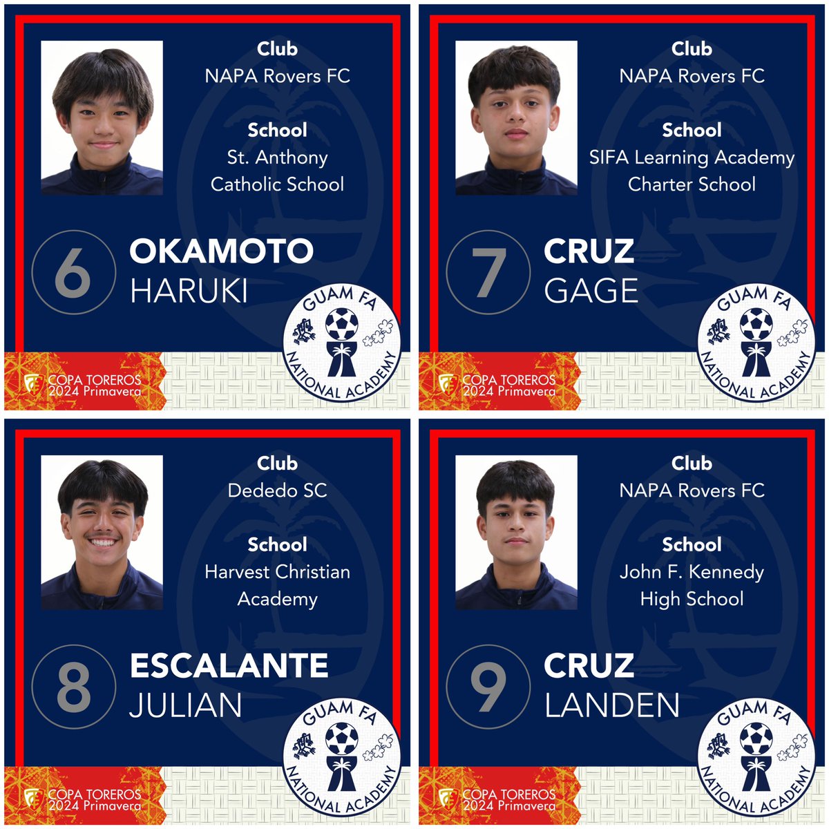 GuamFootball's tweet photo. Guamâs U15 Academy Team is in Japan for the Copa Toreros 2024 Primavera tournament and will open with a match against FC Basara Hyogo !
Letâs meet the team!
#GuamFootball #GuahanFutbol #EliteYouthFootball #EliteYouthSports #CopaToreros #CopaToreros2024Primavera #BibaGuahan https://t.co/U4NbmNz0Qd