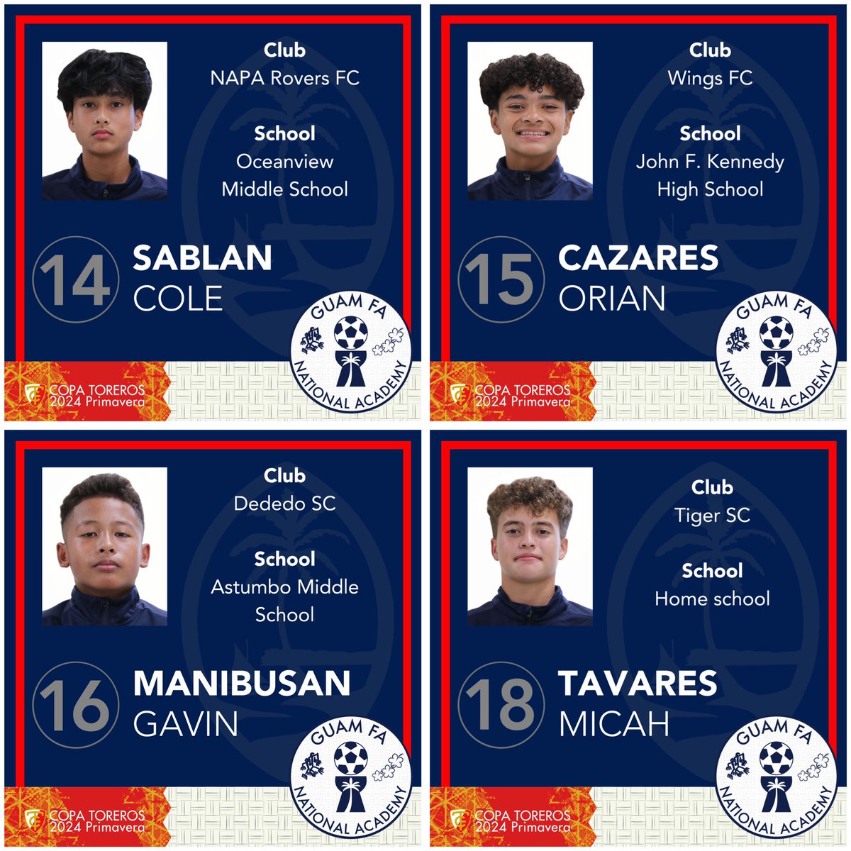 GuamFootball's tweet photo. Guamâs U15 Academy Team is in Japan for the Copa Toreros 2024 Primavera tournament and will open with a match against FC Basara Hyogo !
Letâs meet the team!
#GuamFootball #GuahanFutbol #EliteYouthFootball #EliteYouthSports #CopaToreros #CopaToreros2024Primavera #BibaGuahan https://t.co/U4NbmNz0Qd
