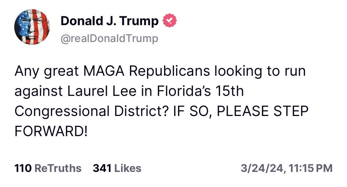 Lee endorsed DeSantis (then Trump after the governor left presidential race). She had previously served as Florida Secretary of State under RD.