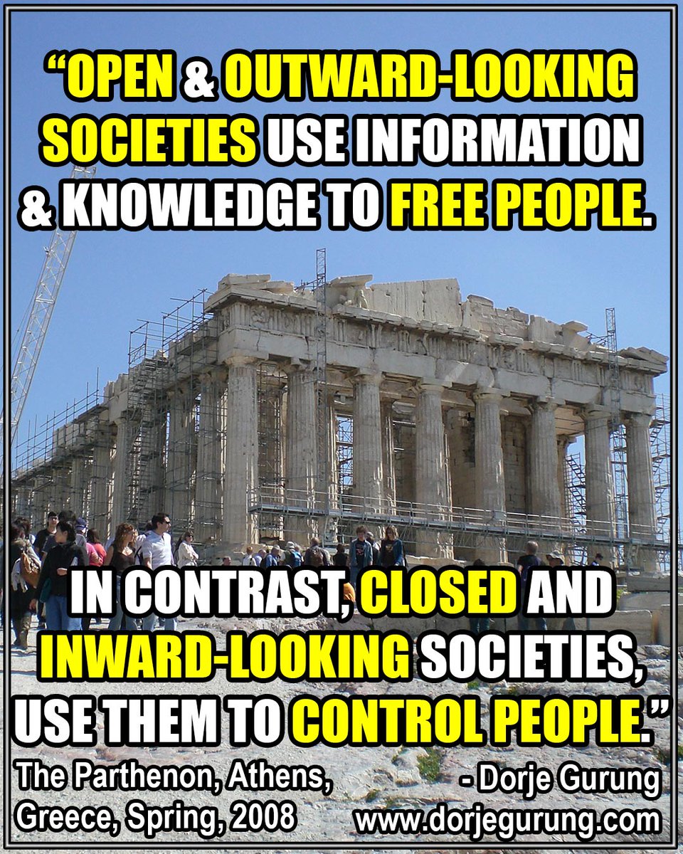 @GuyAirline Another one of my answers.

Ofc, such societies raise people in their image, as it were. That is, products of #open & #OutwardLooking societies will be open & outward-looking. Products of #Closed & #InwardLooking societies will be closed & inward-looking & want to control others.