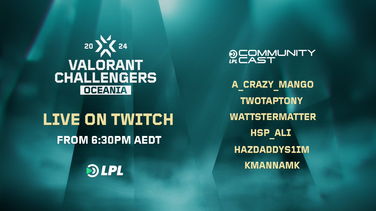 With the VCT OCE Group Stage starting today, our community casters are back! Tune in for all the action starting at 6:30pm AEDT.

Twitch.tv/a_crazy_mango
Twitch.tv/twotaptony
Twitch.tv/WattsterMatter
Twitch.tv/hsp_ali
Twitch.tv/hazdaddys1im
Twitch.tv/kmannamk
