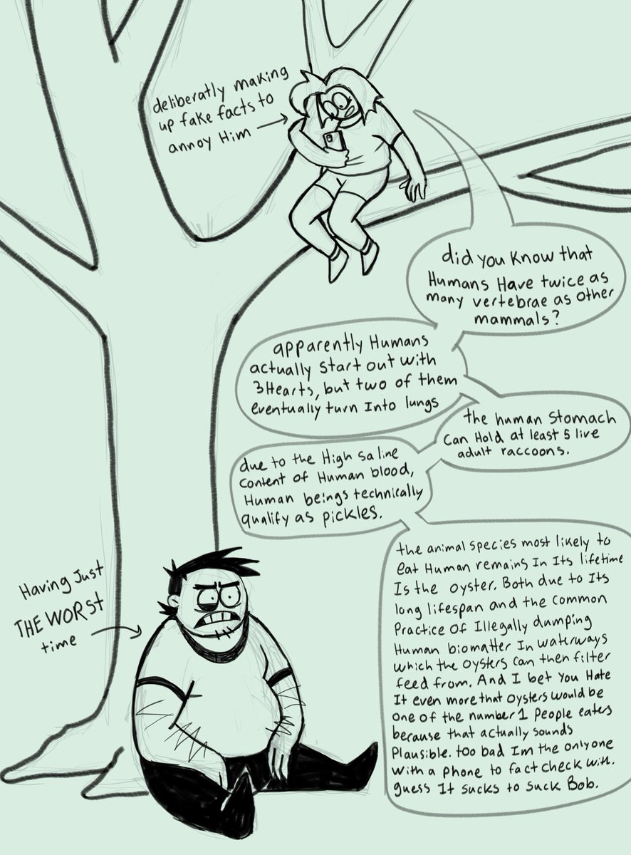 Caprica is able to significantly lengthen the duration of escape attempts (and thus distract Bob from murdering) through "tree time" where she climbs somewhere out of reach and stays there as long as she can stand too. It is Bobs least favorite activity.
#spookymonth #bobvelseb