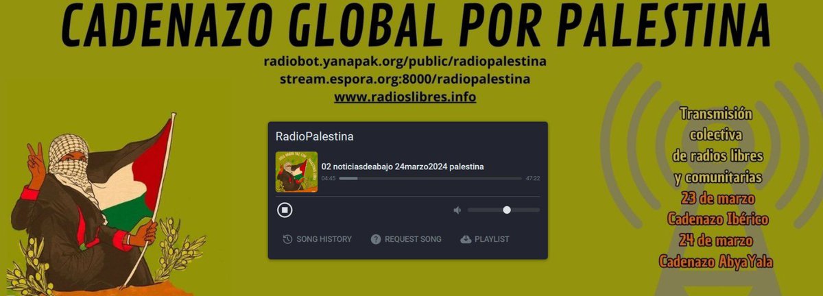 .<a href="/CadenazoRRLL/">Cadenazo Radios Libres</a> radiofónico de medios libres por #Palestina 

Nos sumamos desde las comunidades amazónicas contra el genocidio en Gaza

Sigue 👉 radiobot.yanapak.org/public/radiopa…

Más 👉 radioslibres.info