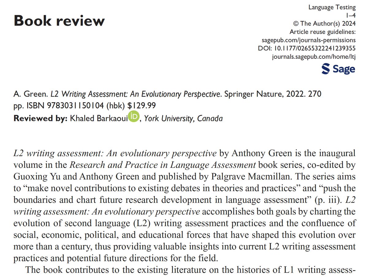 Now available in Online First, Khaled Barkaoui (@YorkUniversity) reviews L2 Writing Assessment: An Evolutionary Perspective by Anthony Green journals.sagepub.com/doi/10.1177/02…