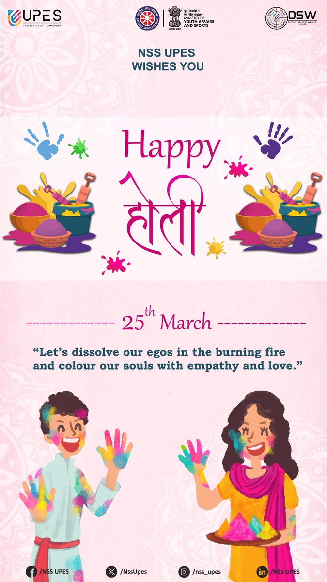 NssUpes's tweet photo. Happy Holi from NSS UPES! We extend warm wishes to all our students on this vibrant occasion.
positivity, happiness, and joy.
#HappyHoli #NSSUPES🎨 https://t.co/FfKYuq4nY7