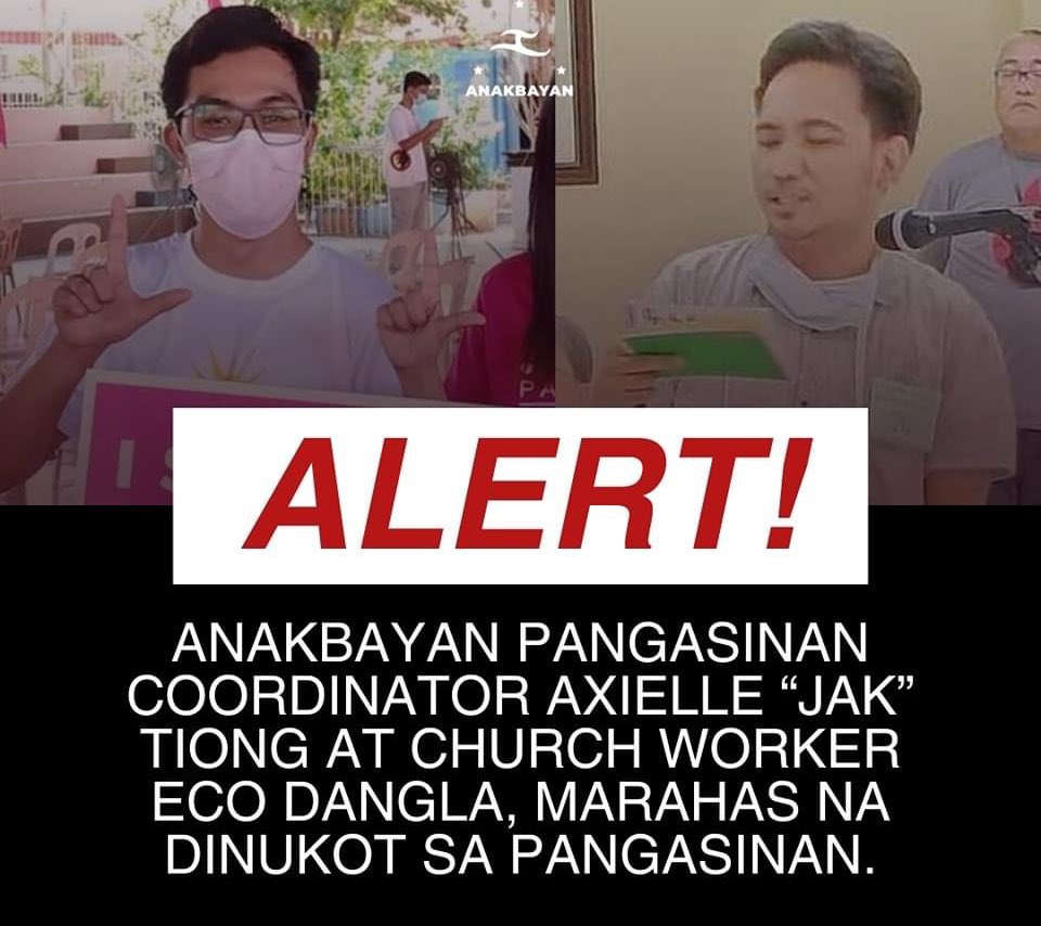 ISA NANAMANG HUMAN RIGHTS AT ENVIRONMENTAL DEFENDER ANG DINUKOT KAGABI SA PANGASINAN! 

Dinukot sila Axielle “Jak” Tiong, Anakbayan Pangasinan coordinator, at church worker na si Eco Dangla, Marso 24, alas-8 ng gabi sa Barangay Polo, San Carlos, Pangasinan. 

#SurfaceJakandEco